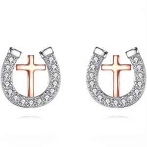 Silver and Gold Cross Horseshoe Earrings Studs S925